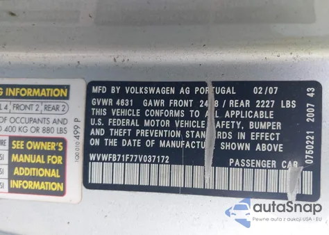 2007 Volkswagen Eos 3.2L from USA, damaged, VIN WVWFB71F77V037172